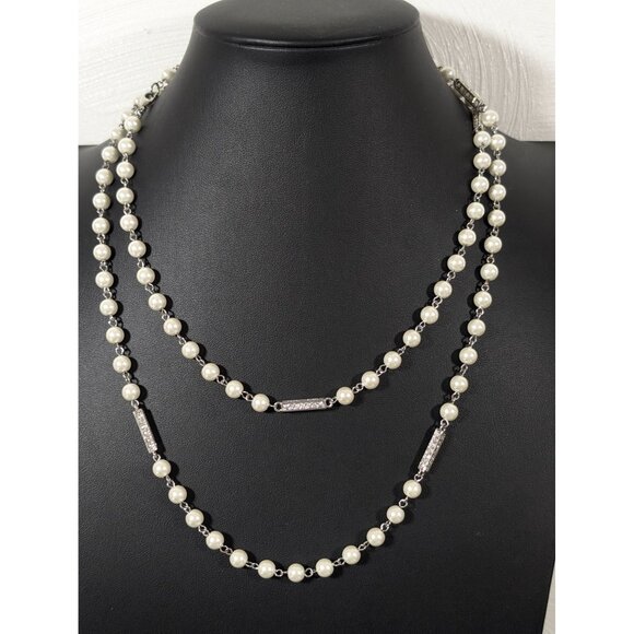 Retro White Faux Pearl Rhinestone Bar Necklace Long Layering Bridal Wedding 40" - Picture 1 of 7